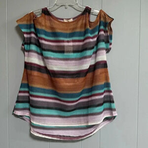 NWT EASEL Striped Open Knit Striped Cold Shoulder Short Sleeve Top Size Small